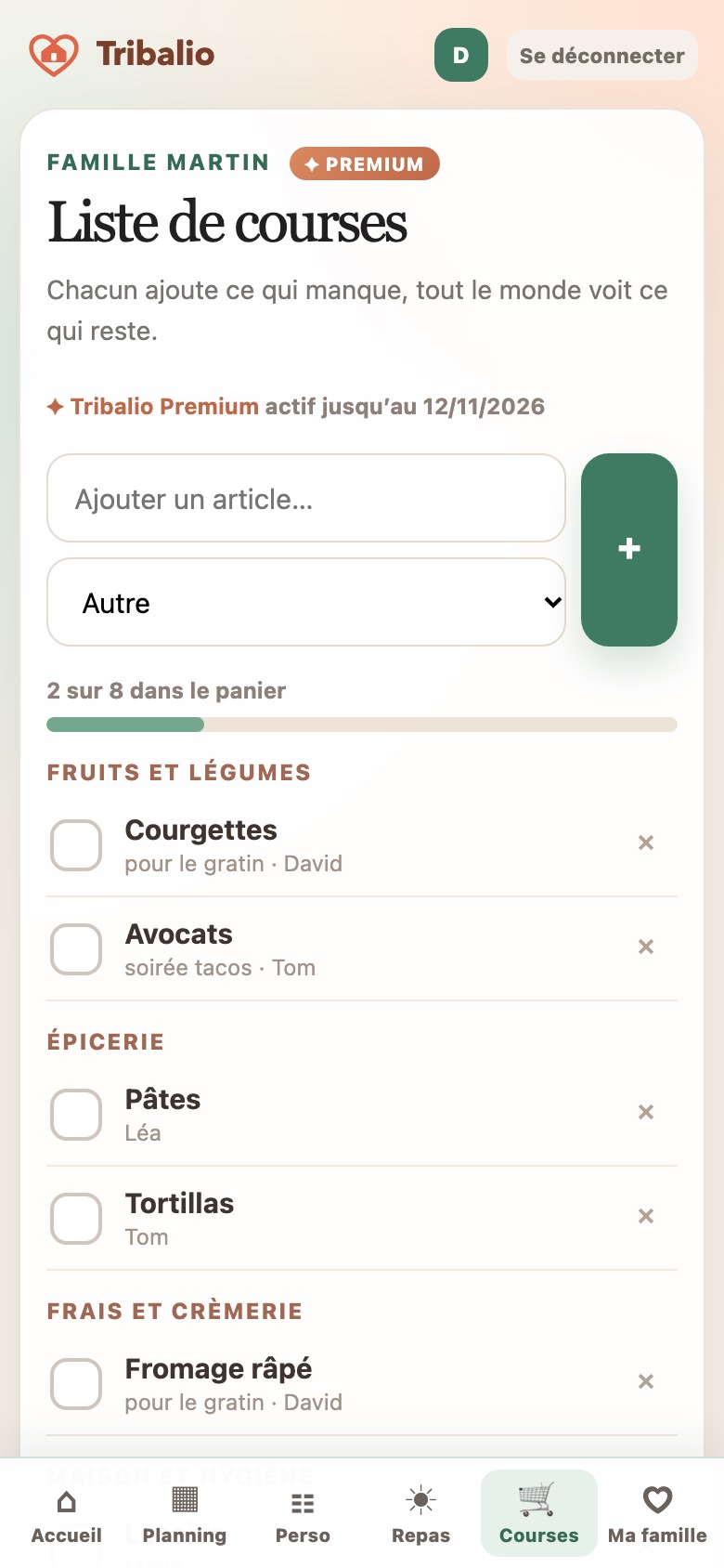 La liste de courses dans Tribalio