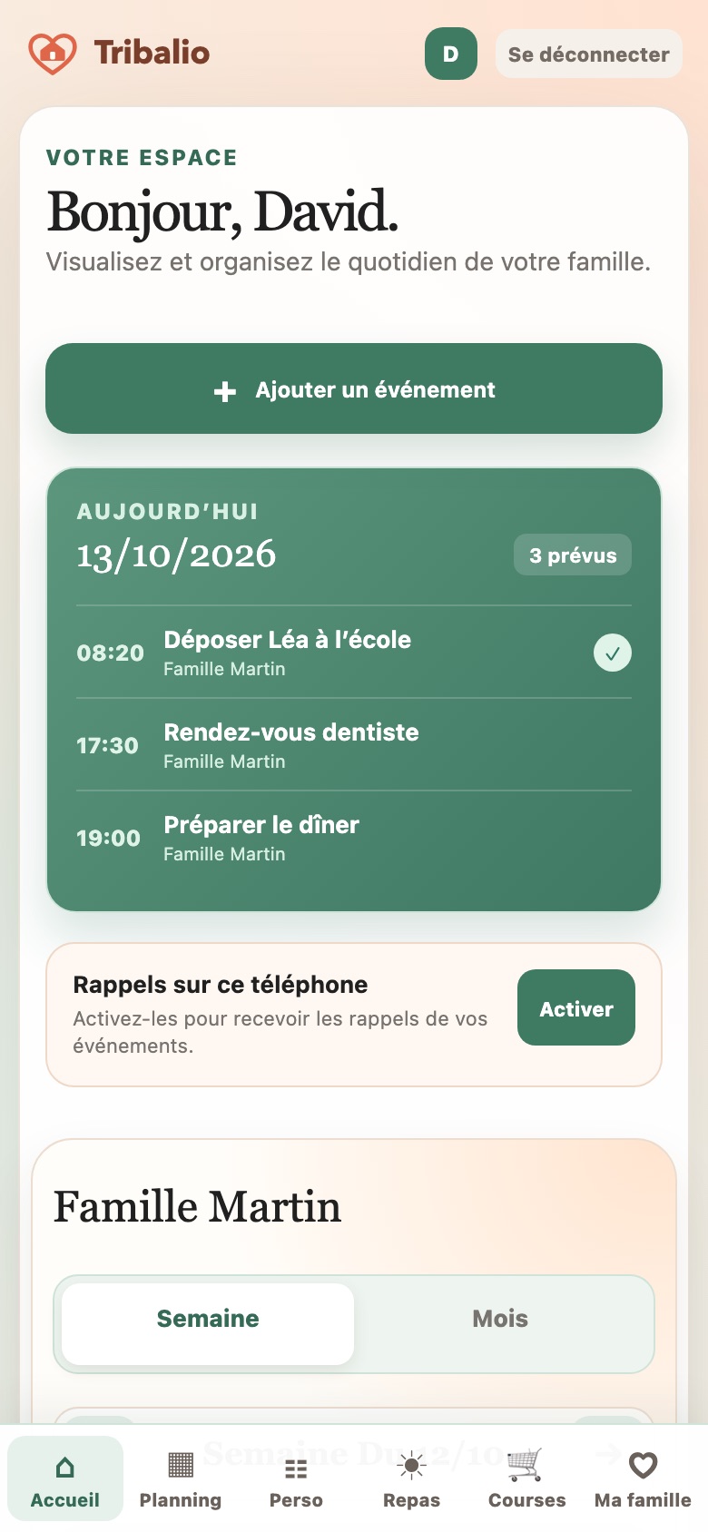 Le tableau de bord du jour dans Tribalio