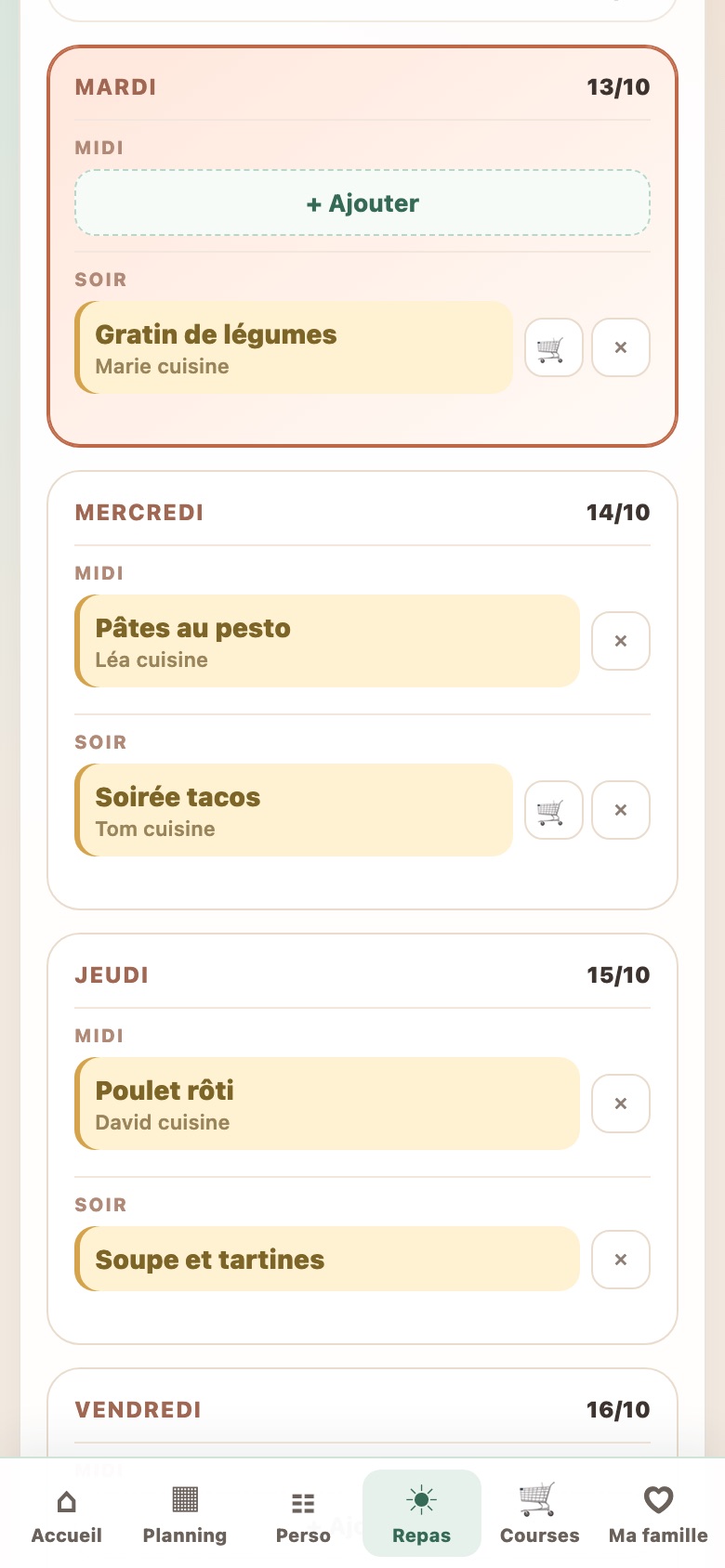 Le planning des repas dans Tribalio